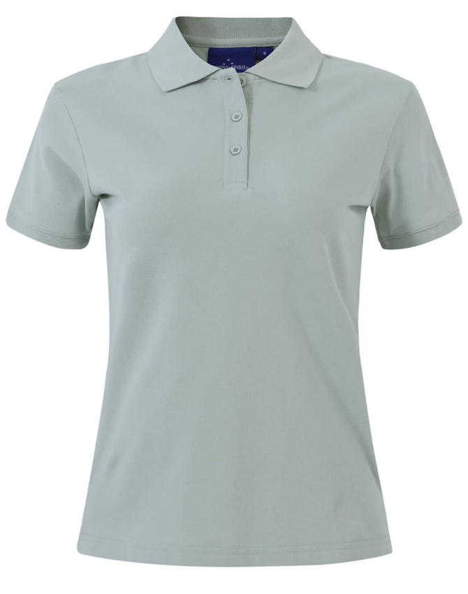 A ladies cotton stretch polo in a light green shade, featuring a collar and a button-up front. It has a logo.