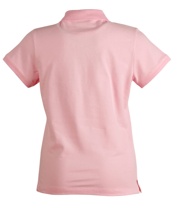 A pink polo shirt with a collar and short sleeves, featuring a logo on the side.