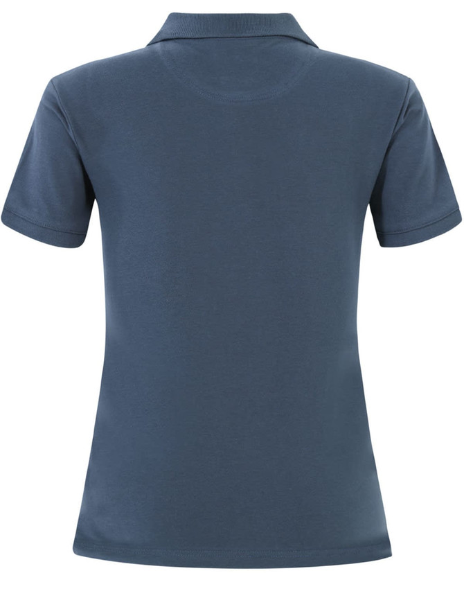 A ladies cotton stretch polo in navy blue, featuring a classic design and a branding logo.