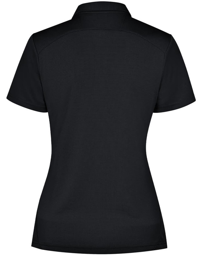 A black ladies' polo shirt featuring a collar and a fitted design, with a branding logo on the back.
