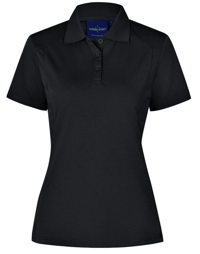 A black ladies' polo shirt featuring a collar, three buttons, and a logo. The fabric has a textured appearance.