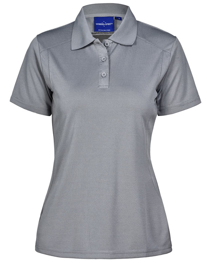 A women's grey polo shirt with a collared neckline and three-button placket. It features a logo on the chest.