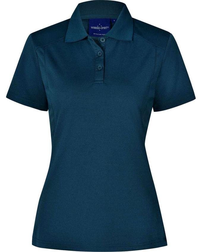 A teal polo shirt with a collared neckline and three-button placket, featuring a logo on the chest.