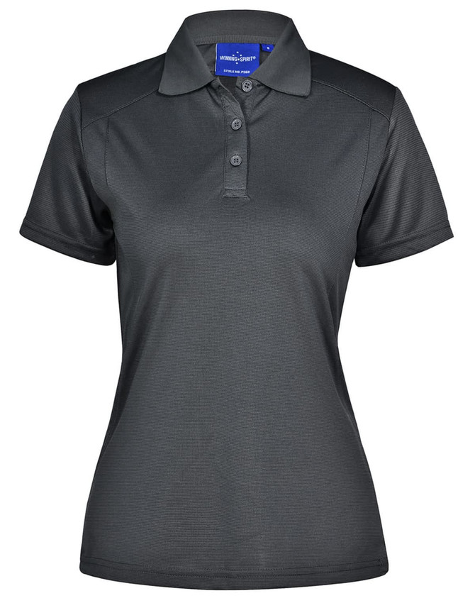 A women's polo shirt in dark grey with a classic collar and buttons, featuring a logo on the chest.