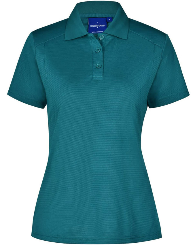 A teal ladies' polo shirt with a collar, short sleeves, and a button placket. It features a logo on the chest.