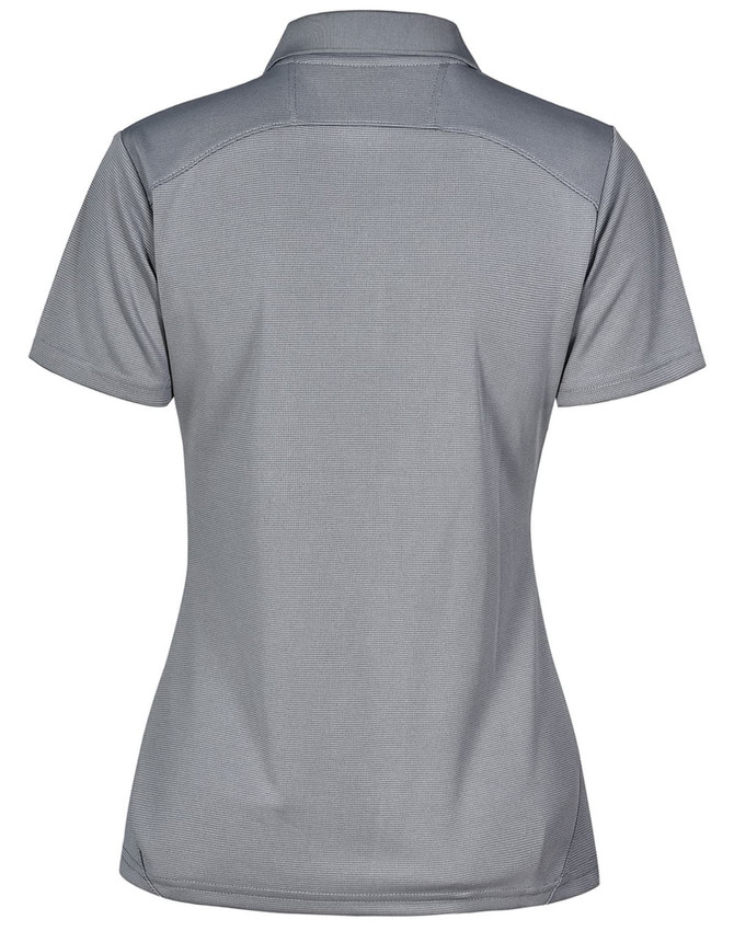 A grey polo shirt with a fitted design and a collar, featuring a logo on the back.