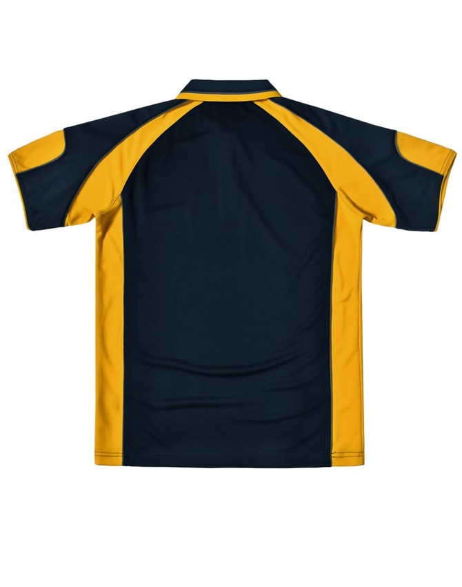 A navy and gold men's polo shirt featuring a logo. The shirt has short sleeves and a classic collar.