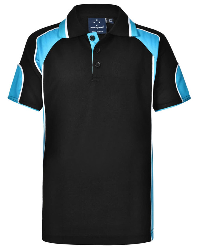 A black polo shirt with blue accents and a collar, featuring a three-button placket and a logo.