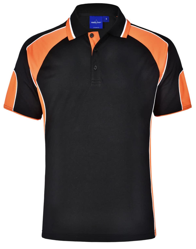 A black polo shirt with orange accents and a collar, featuring a logo on the chest area.