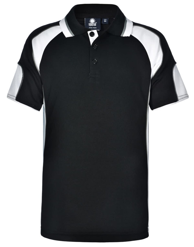 A black and white polo shirt featuring short sleeves and a collar, with a logo on the front.