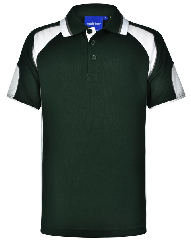 A dark green polo shirt with white accents and a buttoned collar. It features a logo on the chest area.