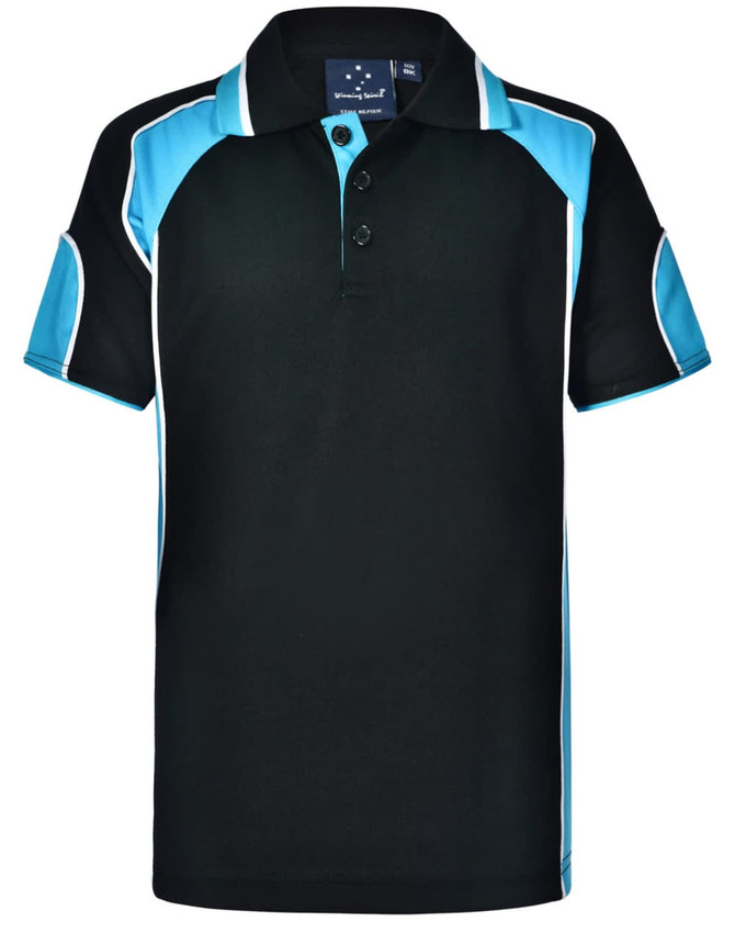 A black polo shirt with turquoise accents and a branded logo on the collar.