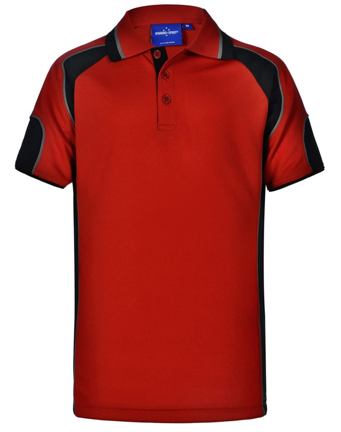 A red polo shirt with black accents and a collar, featuring a logo on the label.
