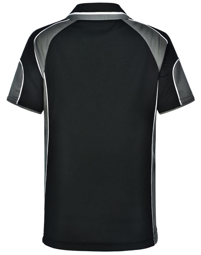A black polo shirt with grey accents and a logo on the upper back.