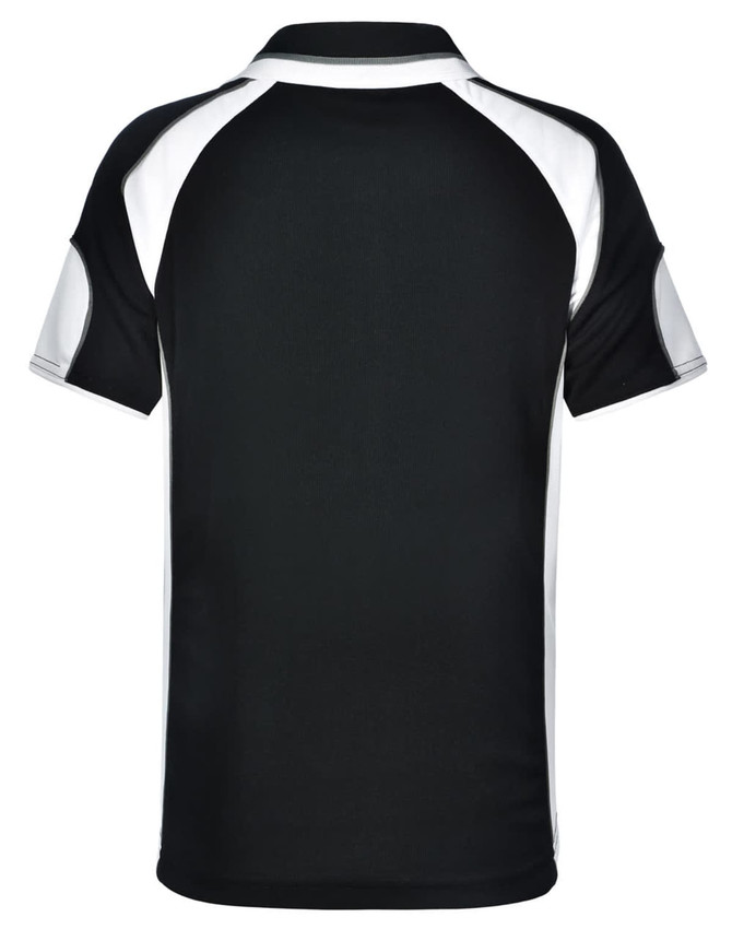 A black polo shirt with white accents and a logo on the back.