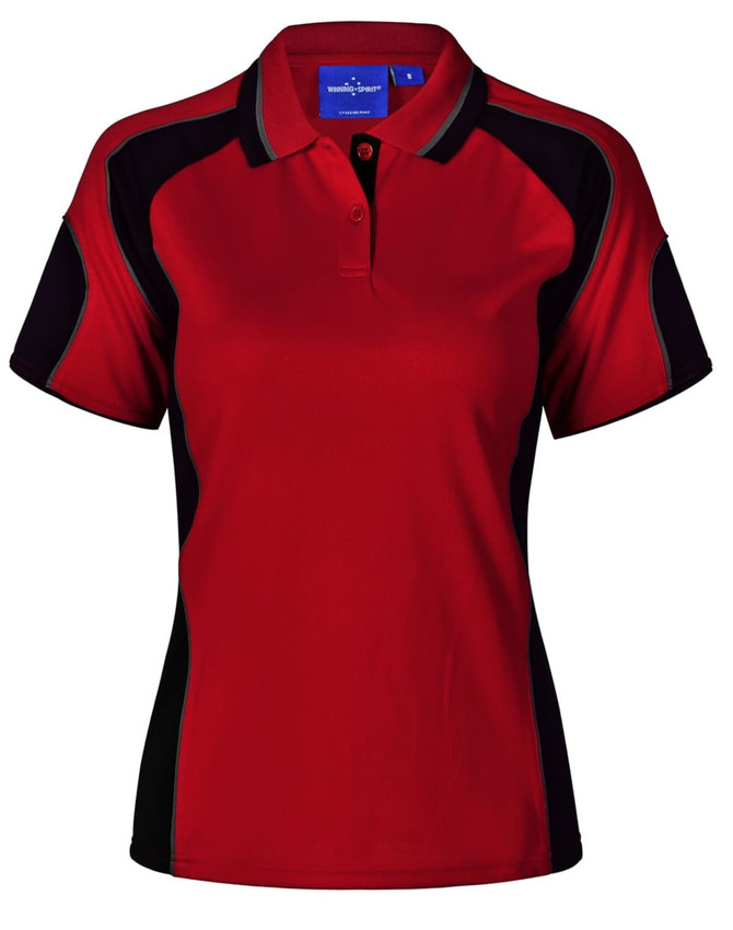 A red and black ladies' polo shirt featuring a collared design and a logo. Ideal for casual or sporty wear.