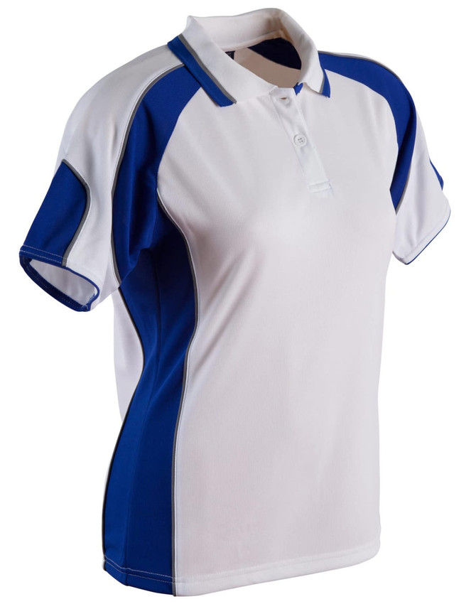 A polo shirt in white with blue accents, featuring a collar and short sleeves. It has a logo on the chest.