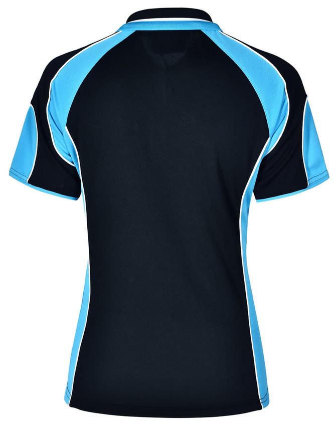 A black polo shirt with blue accents and a logo, featuring a sporty design and short sleeves.