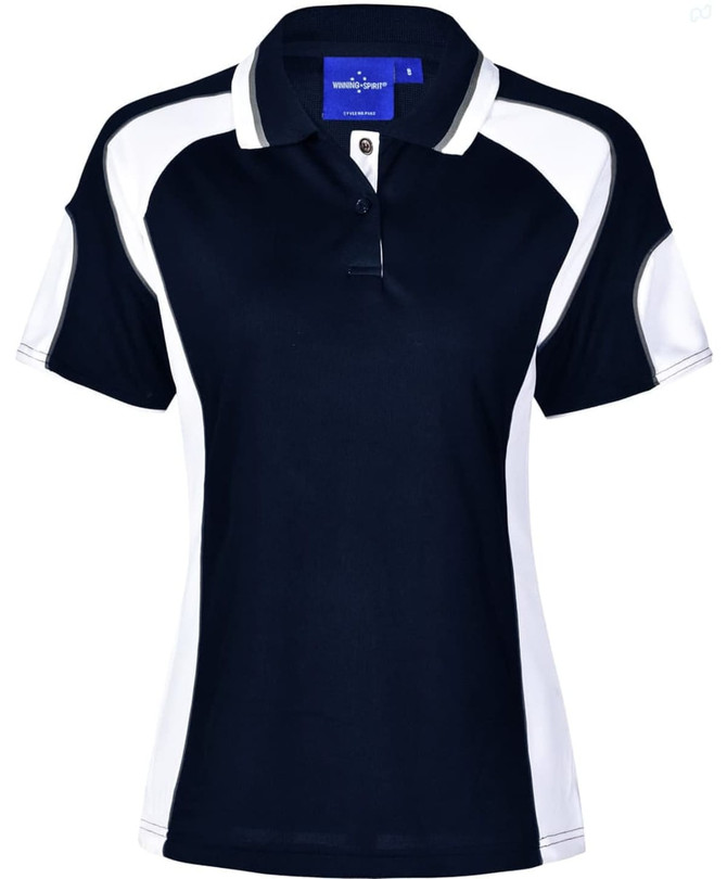 A navy and white polo shirt with short sleeves and a collar, featuring a branding logo.