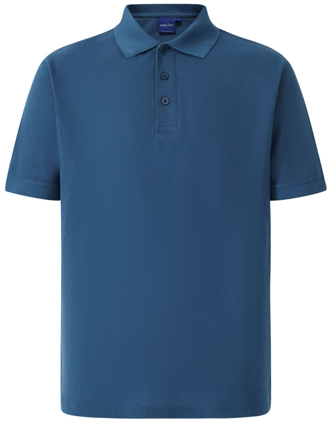 A men's polo shirt in a vibrant shade of blue, featuring a collar and a logo.