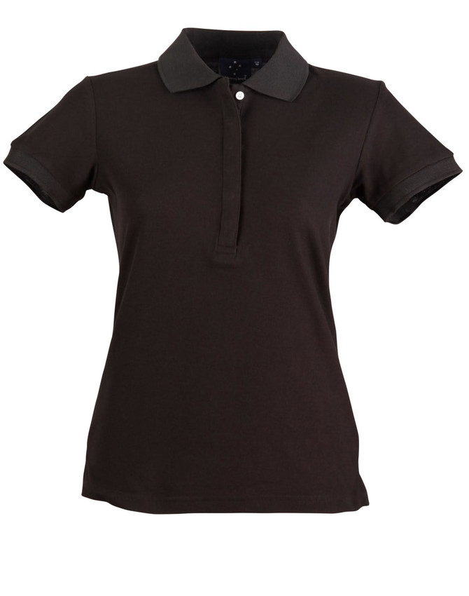 A dark brown polo shirt with a contrasting collar and cuffs, featuring a button placket and a logo.