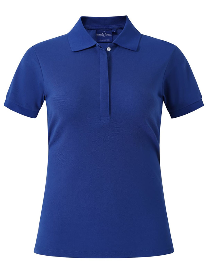 A blue ladies' polo shirt with a collar and short sleeves, featuring a logo on the side.