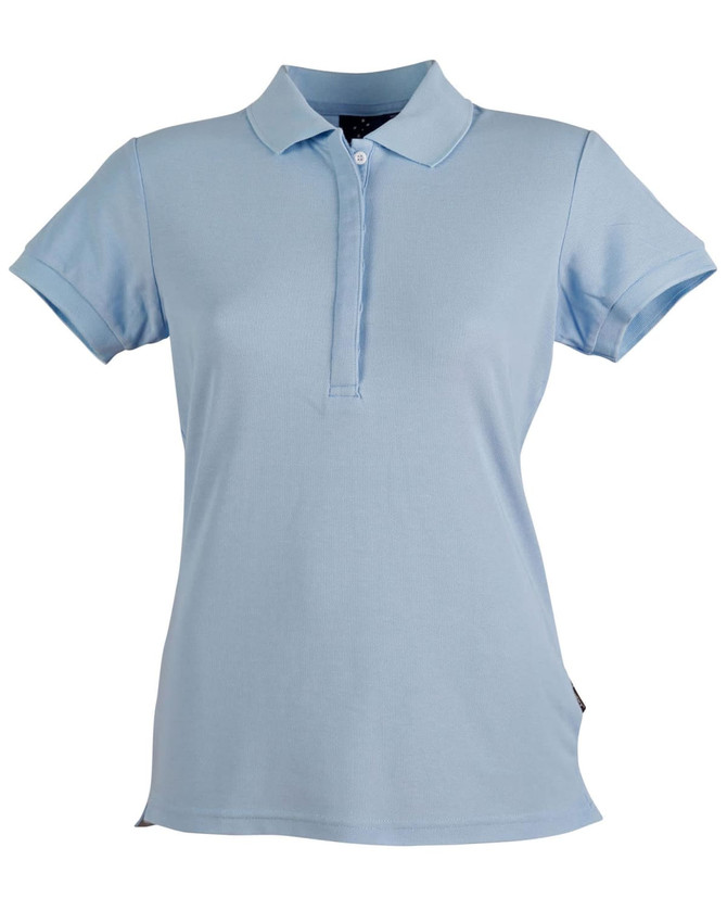 Light blue ladies' polo shirt with a collar and short sleeves. The shirt features a logo on it.