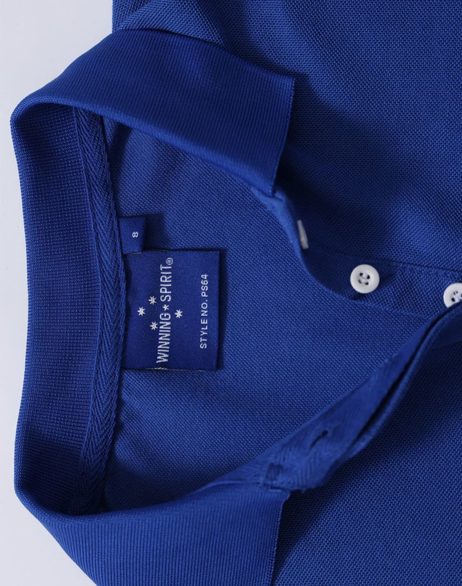 A close-up of a blue polo shirt, featuring a classic collar and buttons, with a label and a logo on the inside.