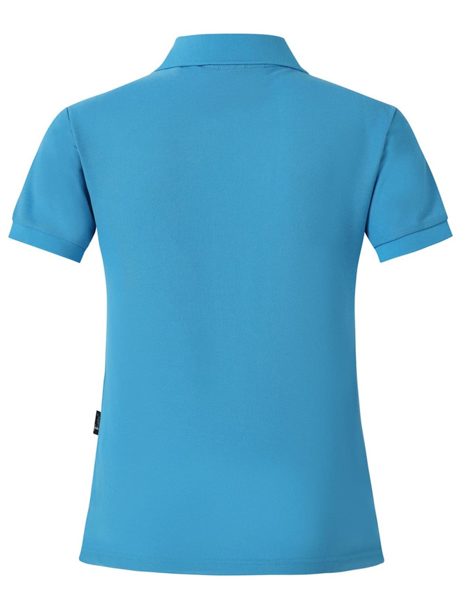 A turquoise polo shirt for women featuring short sleeves and a standard collar. It has a logo on the back.