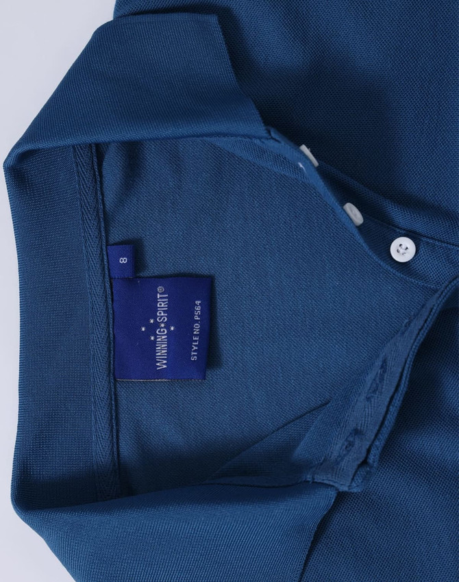 A blue ladies' polo shirt featuring a collar, buttons, and a brand label inside.
