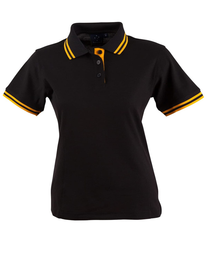 A black polo shirt with yellow striped detailing on the collar and sleeves. It features a logo on the chest.