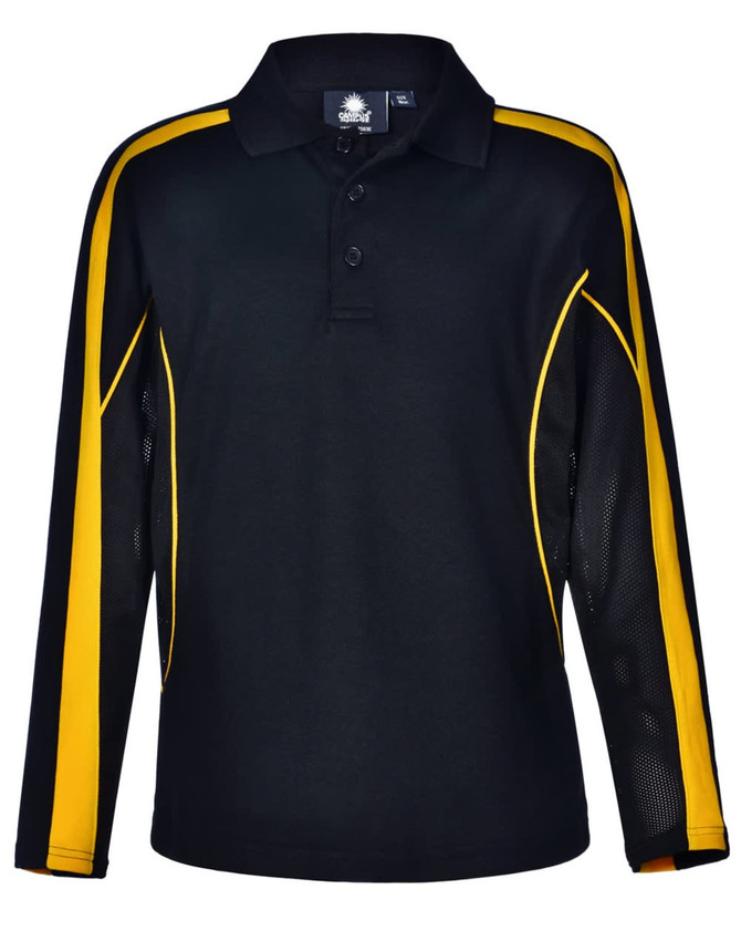 A black long sleeve polo shirt with yellow side accents and a logo on the chest.