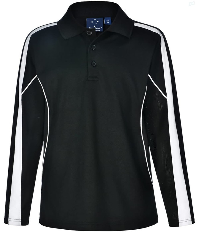 A kids' long sleeve polo shirt in black with white side panels and a collar, featuring a logo on the neck.