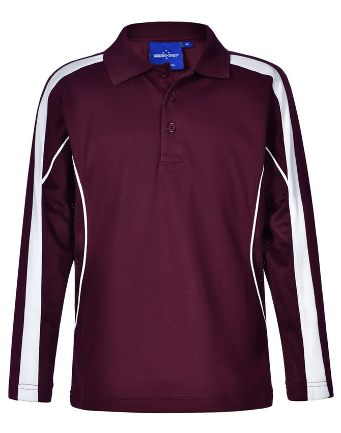 A maroon long sleeve polo shirt featuring white side stripes and a collar, with a logo on the chest.
