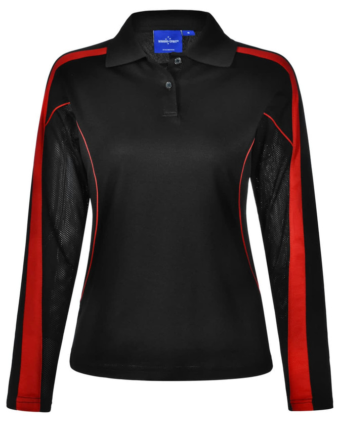 A black long sleeve polo shirt with red accents and mesh detailing, featuring a logo on the front.
