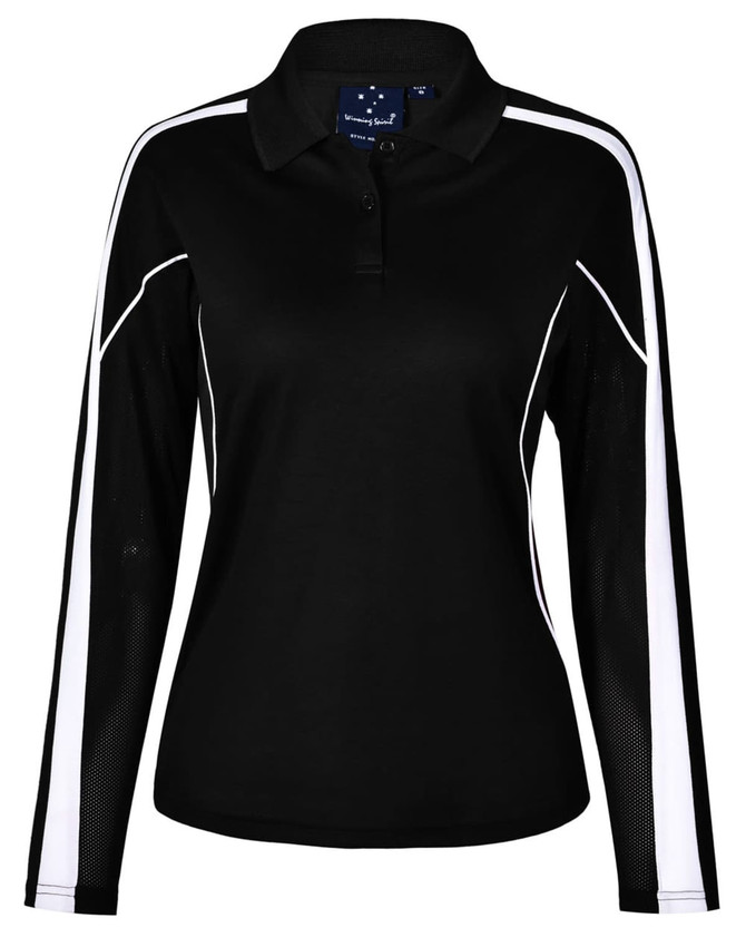A black long sleeve polo shirt with white detailing and mesh sleeves, featuring a collar and a logo.