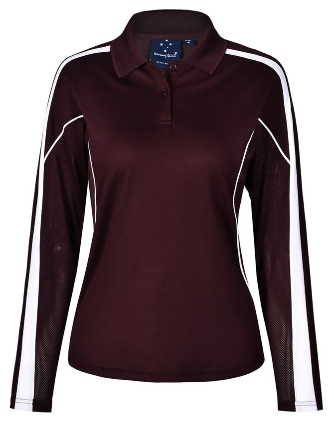 A maroon long sleeve polo shirt with white side panels and a collar. It includes a logo on the chest area.