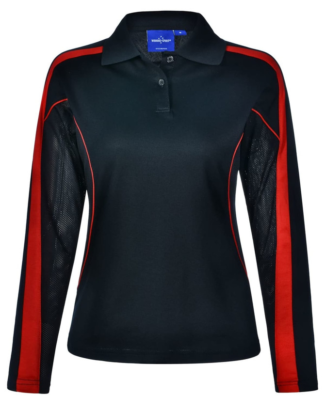 A black long sleeve polo shirt with red accents and mesh side panels, featuring a collar and buttons.