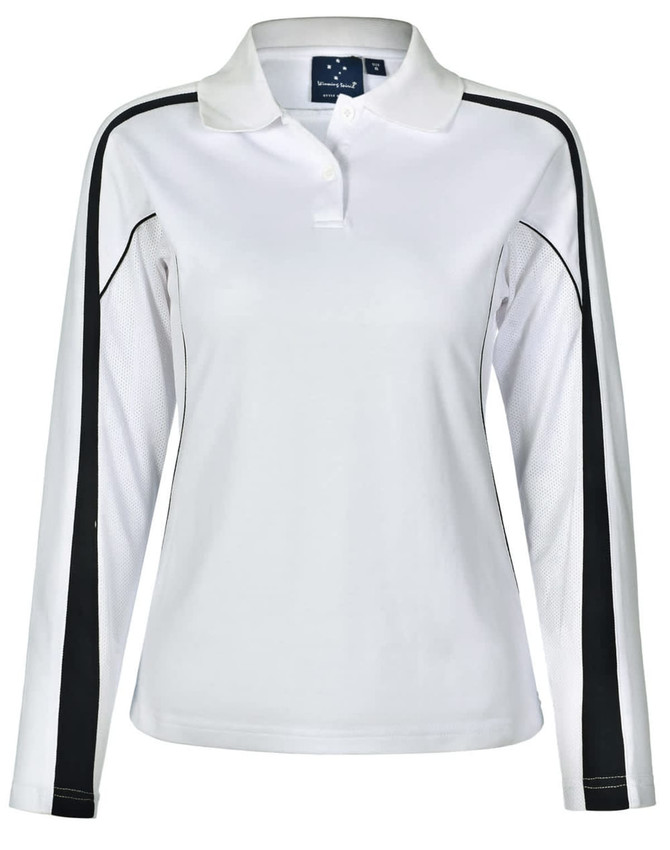 A white long sleeve polo shirt with black side accents and a collar, featuring a logo on the chest area.
