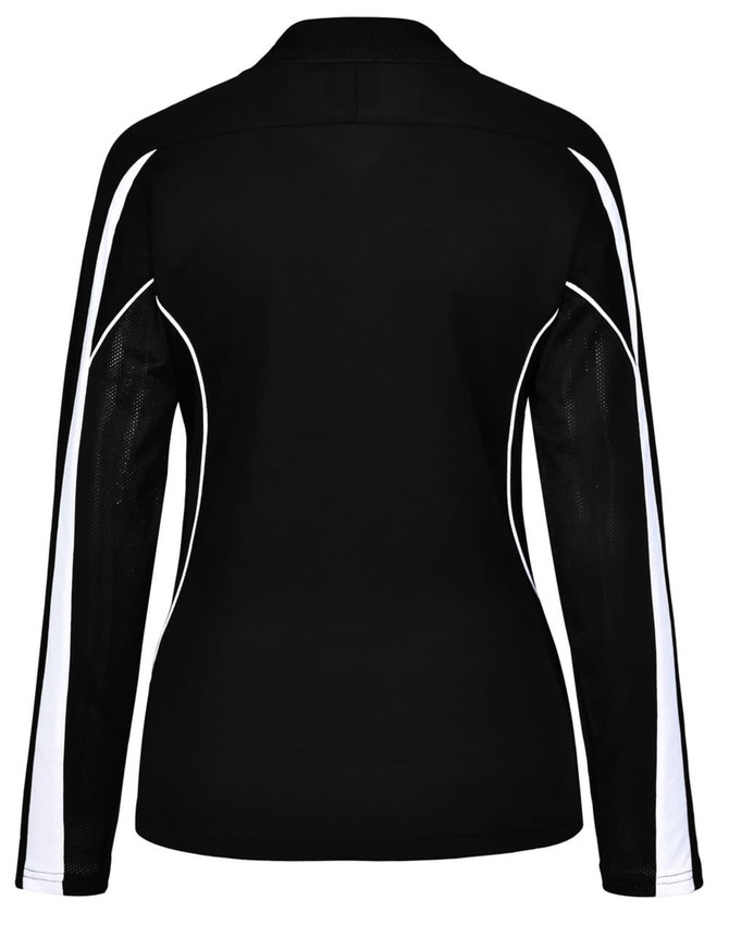A long sleeve polo shirt in black with white accents, featuring a logo on the back.
