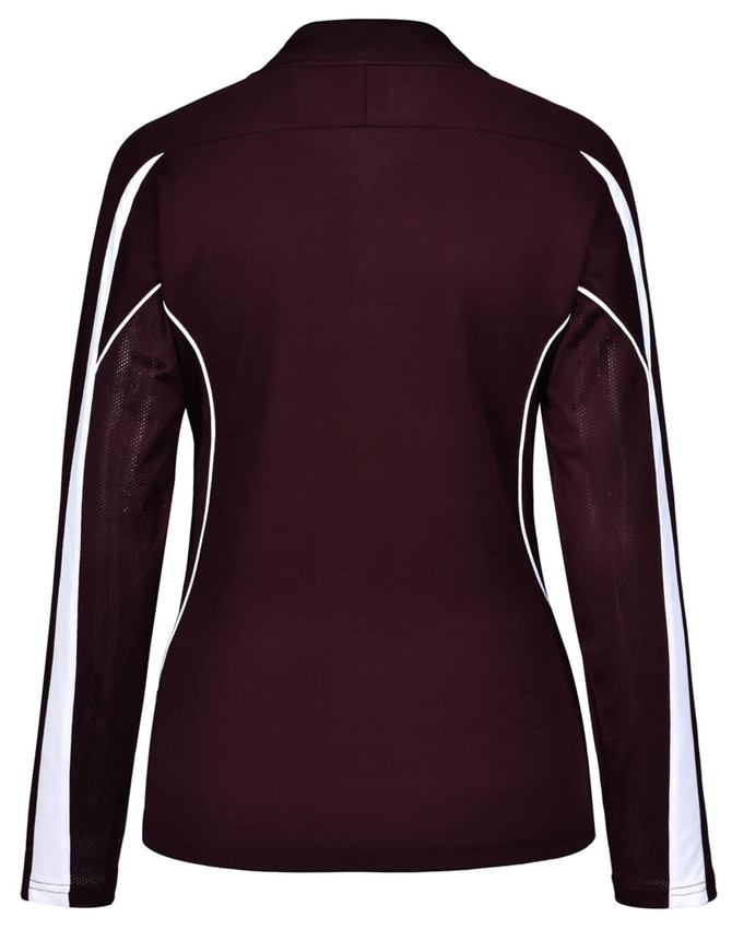 A long sleeve polo shirt in maroon with white side accents and a logo.