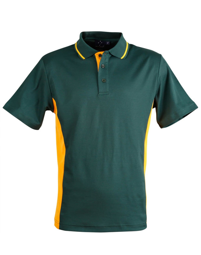 A green and yellow men's polo shirt featuring a contrast design and a logo on the chest.