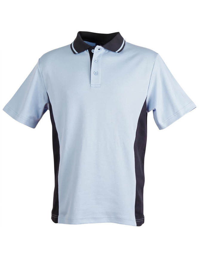 A light blue and black short-sleeve polo shirt featuring a collar and buttons, with a logo present.