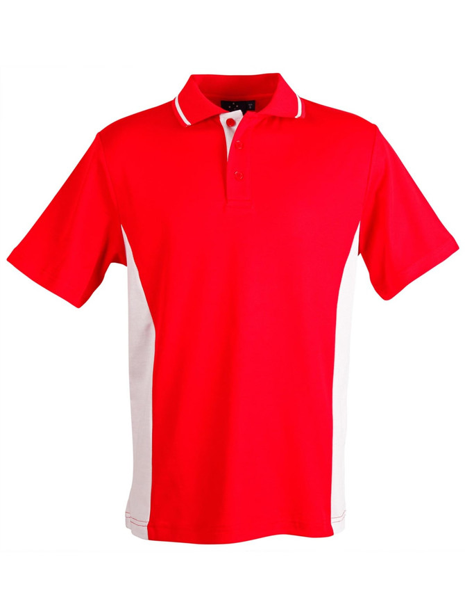 A red and white men's polo shirt featuring a contrasted design and a collar. The shirt has a logo on it.