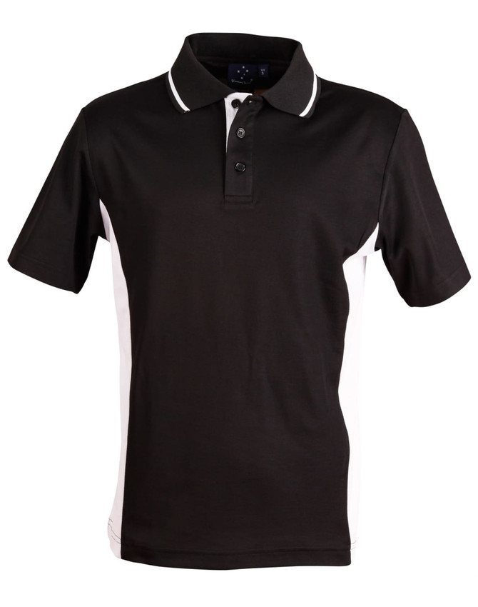A black and white polo shirt with short sleeves, featuring a collar and a logo.