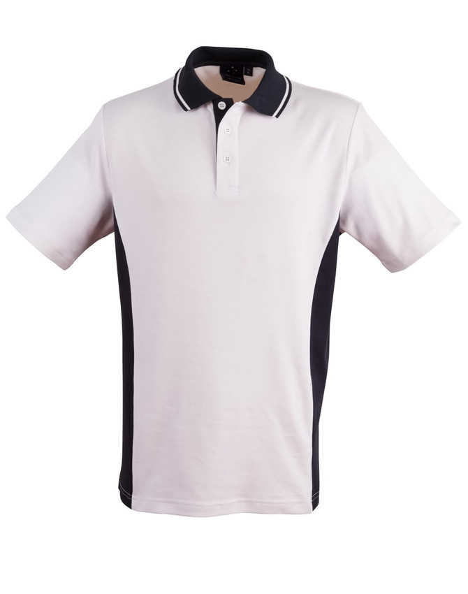 A white polo shirt with navy contrast panels and a collar. Features a logo on the chest.