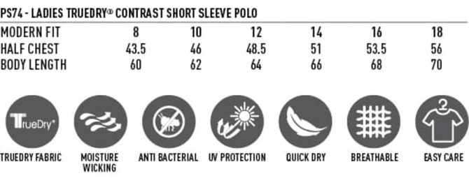 A promotional product featuring sizing details for a Ladies' TrueDry Contrast Short Sleeve Polo, highlighting various features.
