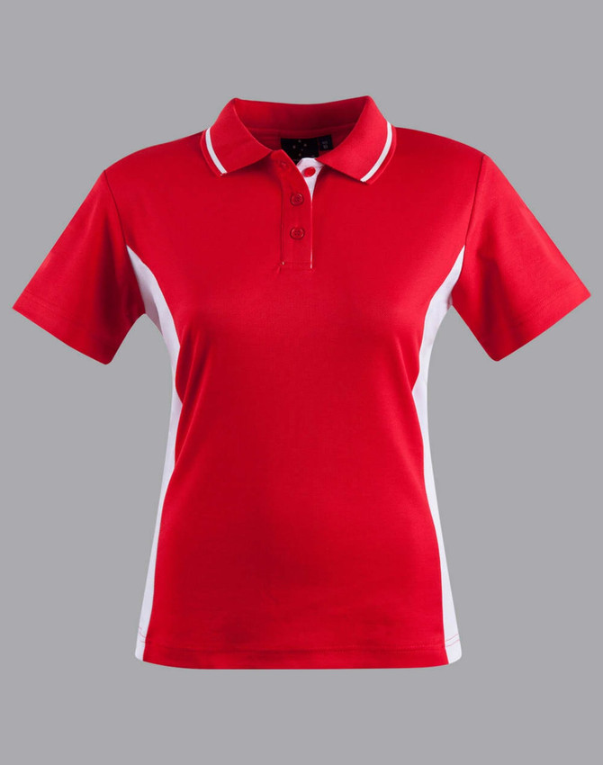 A red and white women's polo shirt with short sleeves and a collar, featuring a logo on one side.