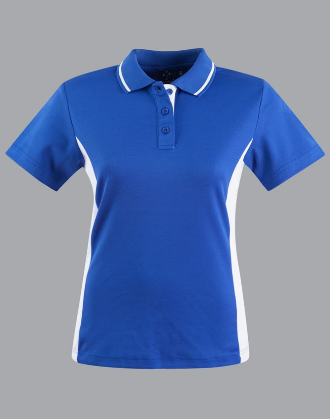 Ladies' TrueDry Contrast S/S Polo in vibrant blue with white side accents. Features a classic polo collar and three buttons.