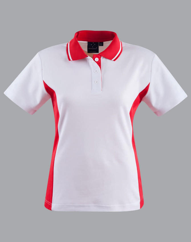 A ladies' short-sleeve polo shirt featuring a white body with red contrast sides and collar, including a logo.